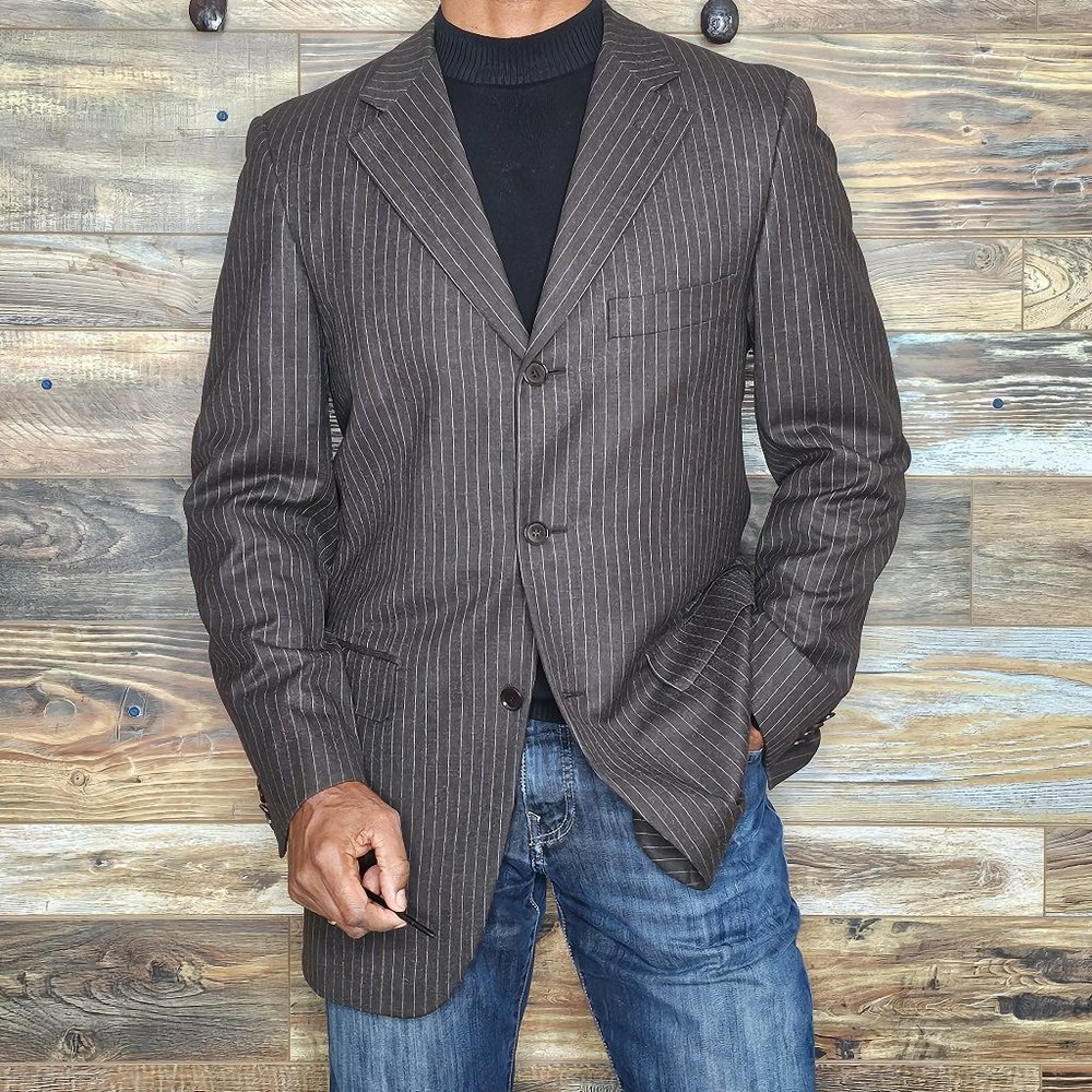 Edwin Nazario 100% Wool Brown Striped Double Vented Blazer Sport Jacket Size 40L